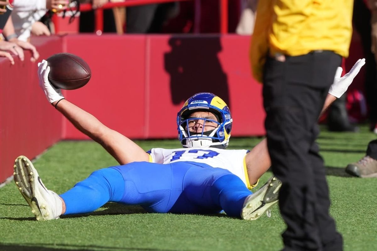 Jan 7, 2024; Santa Clara, California, USA; Los Angeles Rams wide receiver Puka Nacua (17) reacts after scoring a touchdown against the San Francisco 49ers during the first quarter at Levi's Stadium.