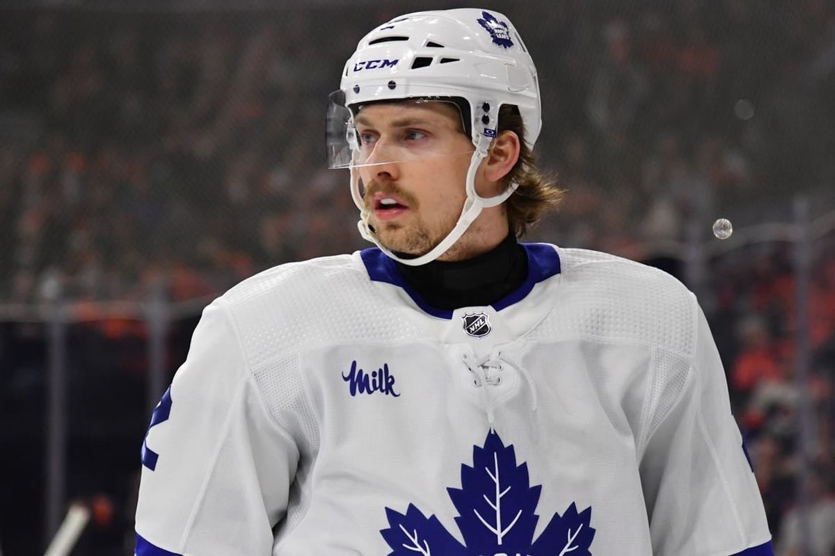 Mar 19, 2024; Philadelphia, Pennsylvania, USA; Toronto Maple Leafs defenseman Simon Benoit (2) against the Philadelphia Flyers at Wells Fargo Center.