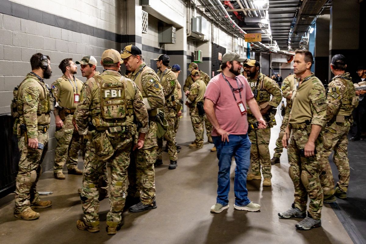 FBI security at the various locations in and around the Superdome before the game between the Georgia Bulldogs and the Notre Dame Fighting Irish at Caesars Superdome. Mandatory Credit: Stephen Lew-Imagn Images