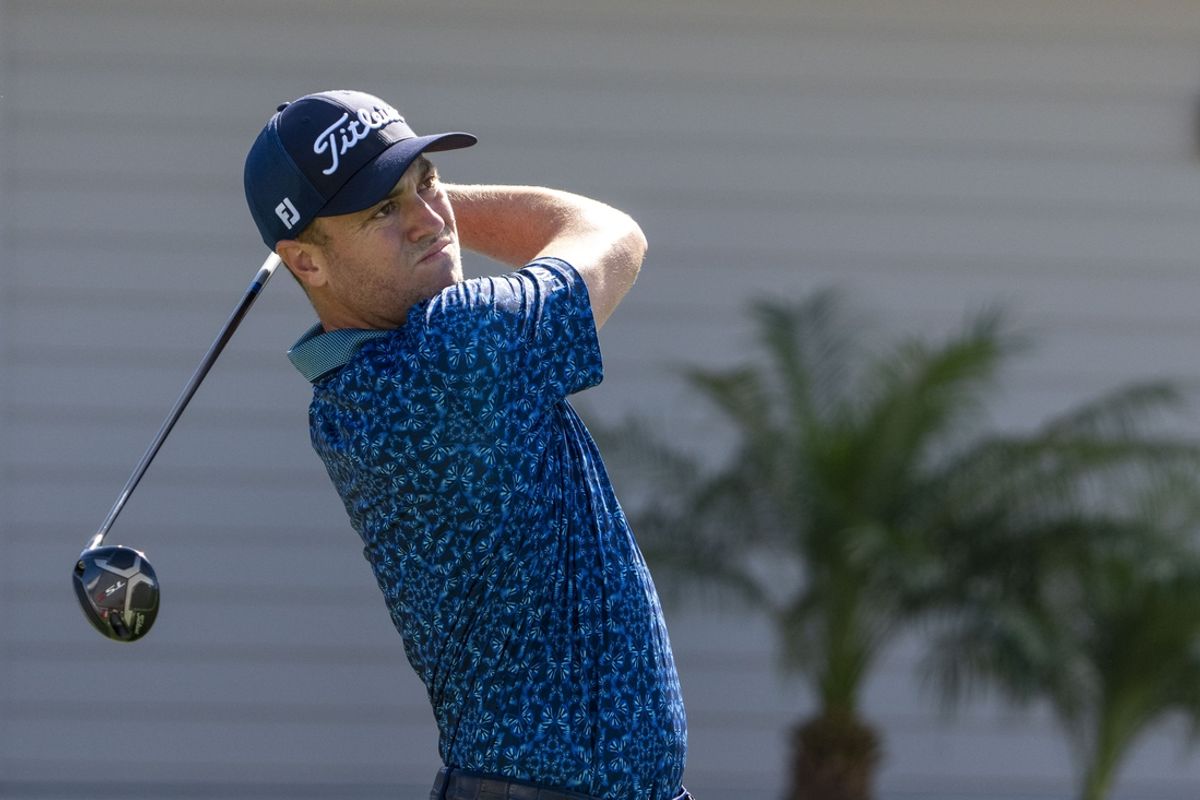 January 2, 2025; Maui, Hawaii, USA;  Justin Thomas hits his tee shot on the first hole during the first round of The Sentry golf tournament at Plantation Course at Kapalua. Mandatory Credit: Kyle Terada-Imagn Images