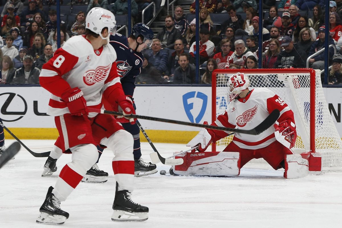 Jan 2, 2025; Columbus, Ohio, USA; Detroit Red Wings goalie Cam Talbot (39) makes a pad save on a tip from Columbus Blue Jackets left wing Dmitri Voronkov (10) during the first period at Nationwide Arena. Mandatory Credit: Russell LaBounty-Imagn Images