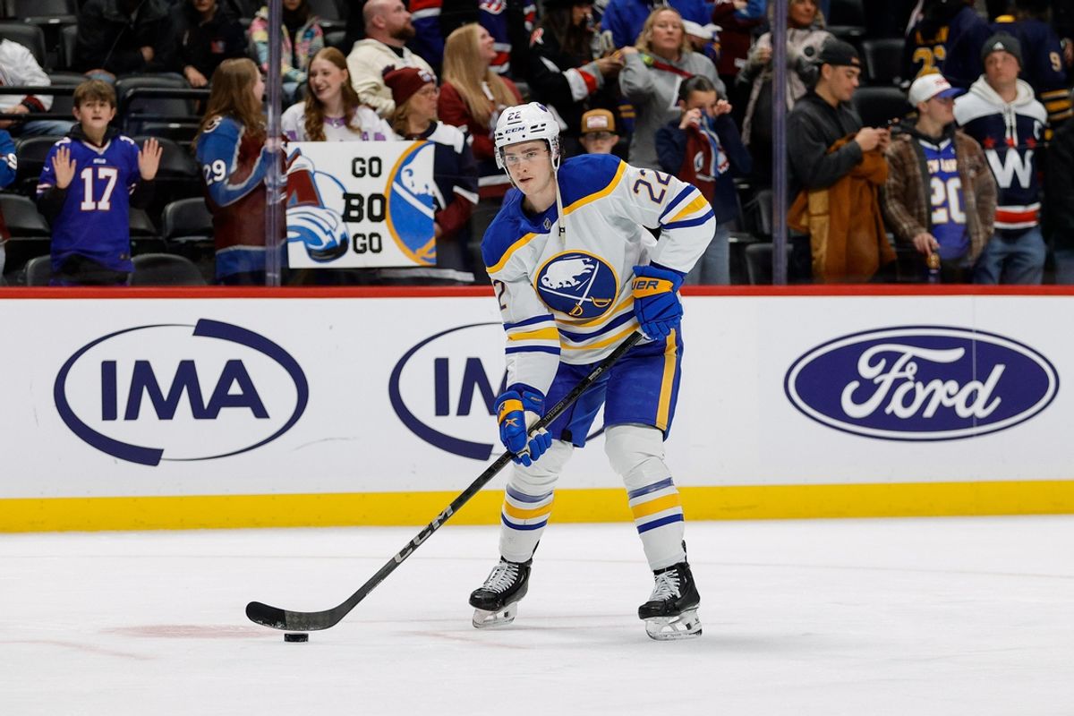 Jan 2, 2025; Denver, Colorado, USA; Buffalo Sabres right wing Jack Quinn (22) before the game against the Colorado Avalanche at Ball Arena. Mandatory Credit: Isaiah J. Downing-Imagn Images