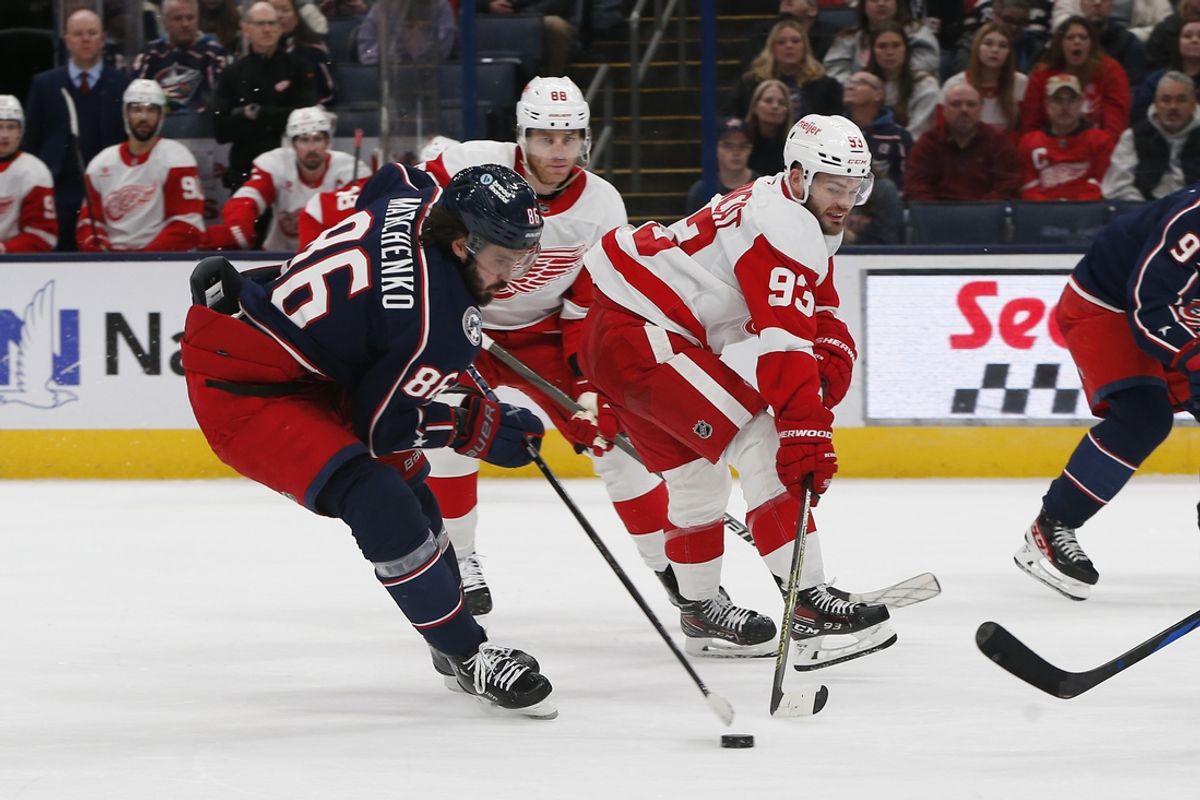 Jan 2, 2025; Columbus, Ohio, USA; Columbus Blue Jackets right wing Kirill Marchenko (86) steals the puck from Detroit Red Wings right wing Alex DeBrincat (93) during the second period at Nationwide Arena. Mandatory Credit: Russell LaBounty-Imagn Images