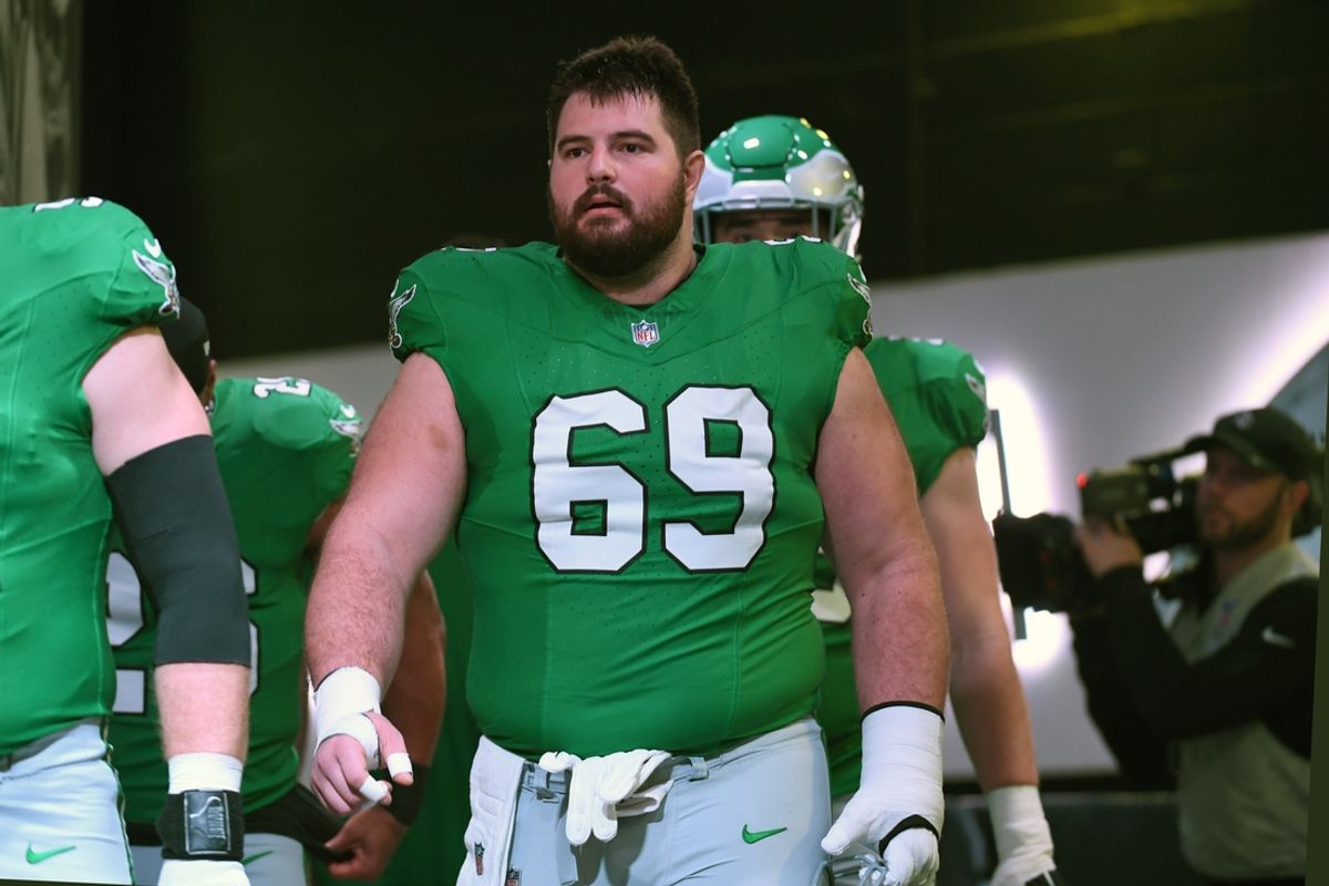 Dec 29, 2024; Philadelphia, Pennsylvania, USA; Philadelphia Eagles guard Landon Dickerson (69) in the tunnel against the Dallas Cowboys at Lincoln Financial Field. Mandatory Credit: Eric Hartline-Imagn Images
