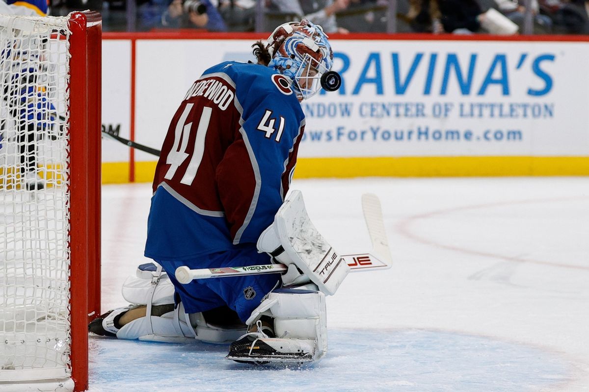 Jan 2, 2025; Denver, Colorado, USA; Colorado Avalanche goaltender Scott Wedgewood (41) makes a save in the first period against the Buffalo Sabres at Ball Arena. Mandatory Credit: Isaiah J. Downing-Imagn Images