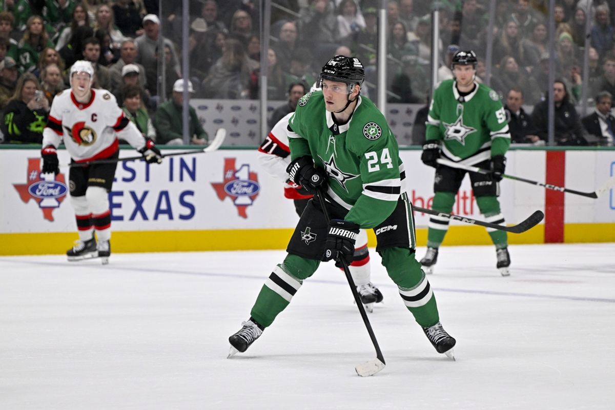 Jan 2, 2025; Dallas, Texas, USA; Dallas Stars center Roope Hintz (24) skates against the Ottawa Senators during the second period at the American Airlines Center. Mandatory Credit: Jerome Miron-Imagn Images
