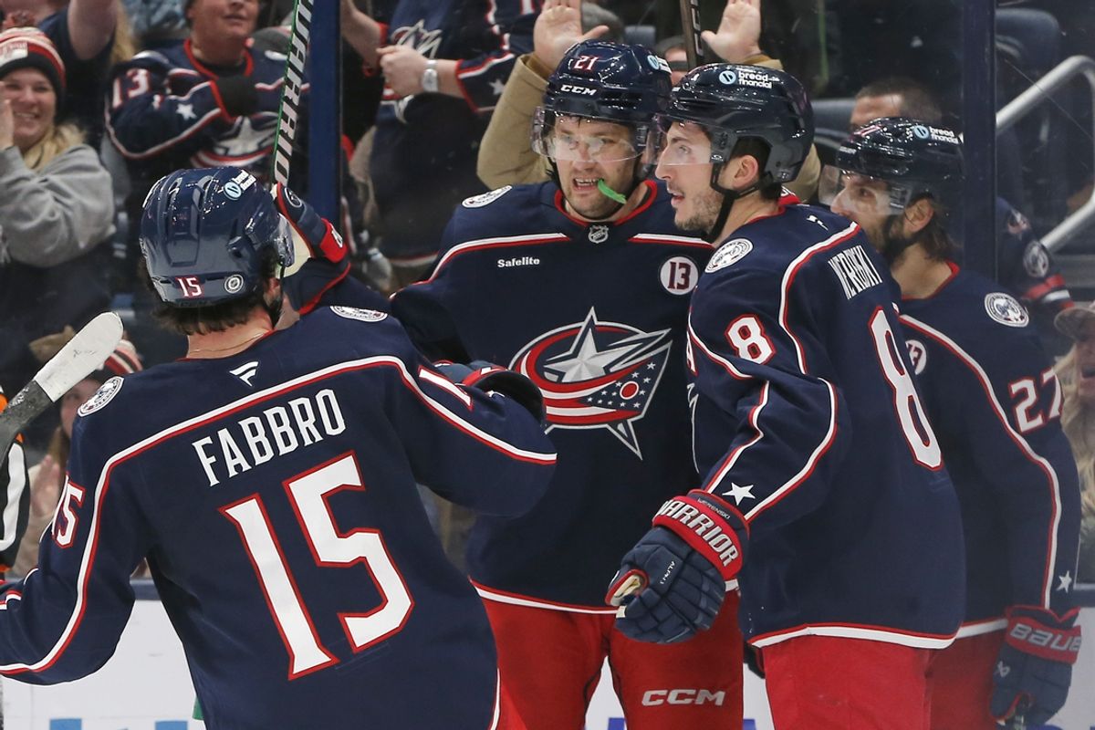 Jan 2, 2025; Columbus, Ohio, USA; Columbus Blue Jackets left wing James van Riemsdyk (21) celebrates his goal against the Detroit Red Wings during the third period at Nationwide Arena. Mandatory Credit: Russell LaBounty-Imagn Images