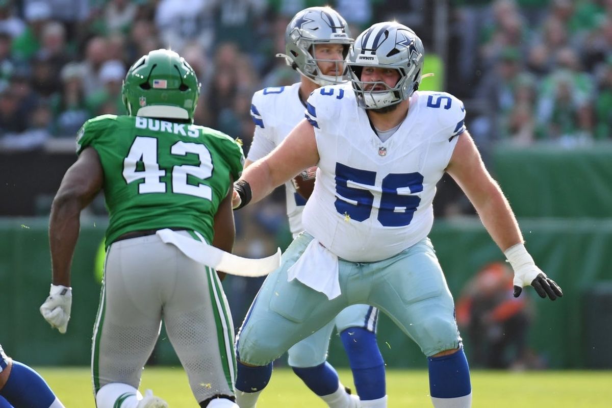 Dec 29, 2024; Philadelphia, Pennsylvania, USA; Dallas Cowboys guard Cooper Beebe (56) blocks Philadelphia Eagles linebacker Oren Burks (42) at Lincoln Financial Field. Mandatory Credit: Eric Hartline-Imagn Images
