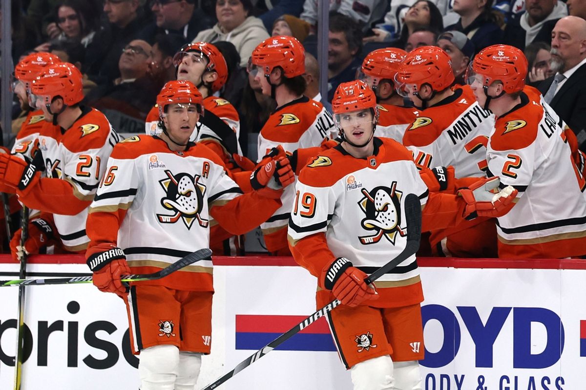 Jan 2, 2025; Winnipeg, Manitoba, CAN; Anaheim Ducks right wing Troy Terry (19) celebrates his second period goal against the Winnipeg Jets at Canada Life Centre. Mandatory Credit: James Carey Lauder-Imagn Images