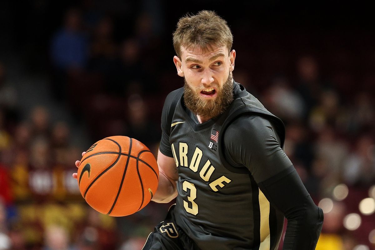 Jan 2, 2025; Minneapolis, Minnesota, USA; Purdue Boilermakers guard Braden Smith (3) dribbles against the Minnesota Golden Gophers during the second half at Williams Arena. Mandatory Credit: Matt Krohn-Imagn Images