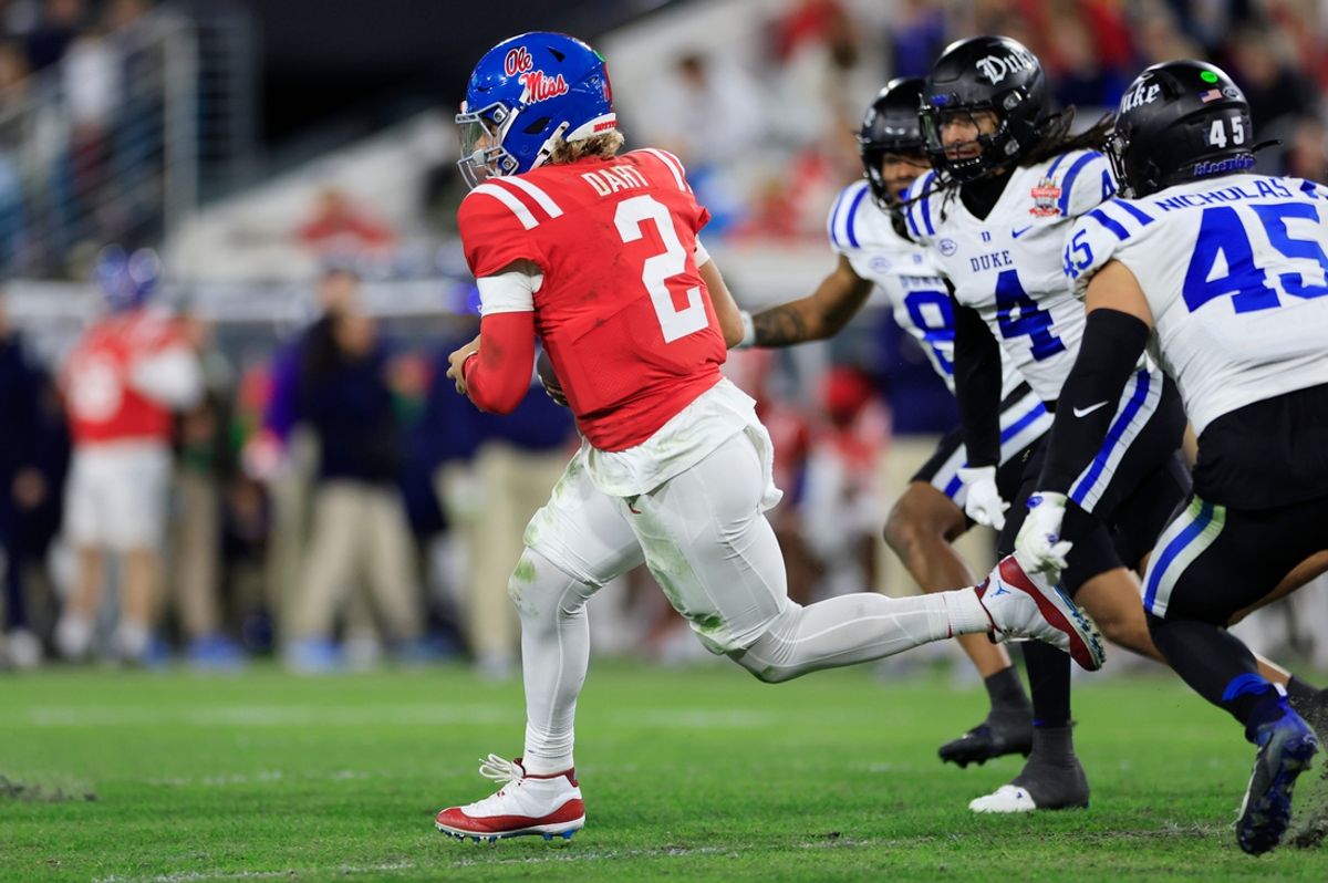 Mississippi Rebels quarterback Jaxson Dart (2) rushes for yards during the second quarter of the TaxSlayer Gator Bowl Thursday, Jan. 2, 2025 at EverBank Stadium in Jacksonville, Fla. [Corey Perrine/Florida Times-Union]