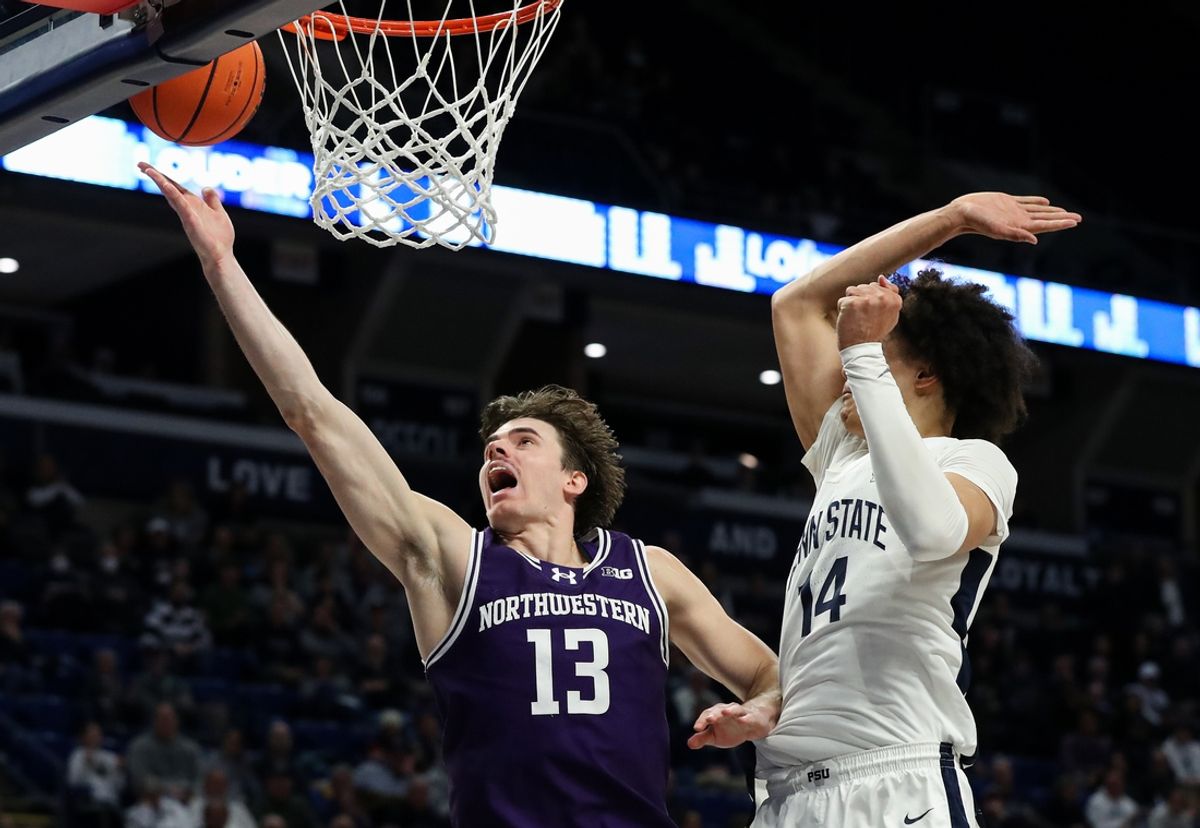 Jan 2, 2025; University Park, Pennsylvania, USA; Northwestern Wildcats guard Brooks Barnhizer (13) shoots during the second half against the Penn State Nittany Lions at Bryce Jordan Center. Penn State defeated Northwestern 84-80. Mandatory Credit: Matthew O'Haren-Imagn Images