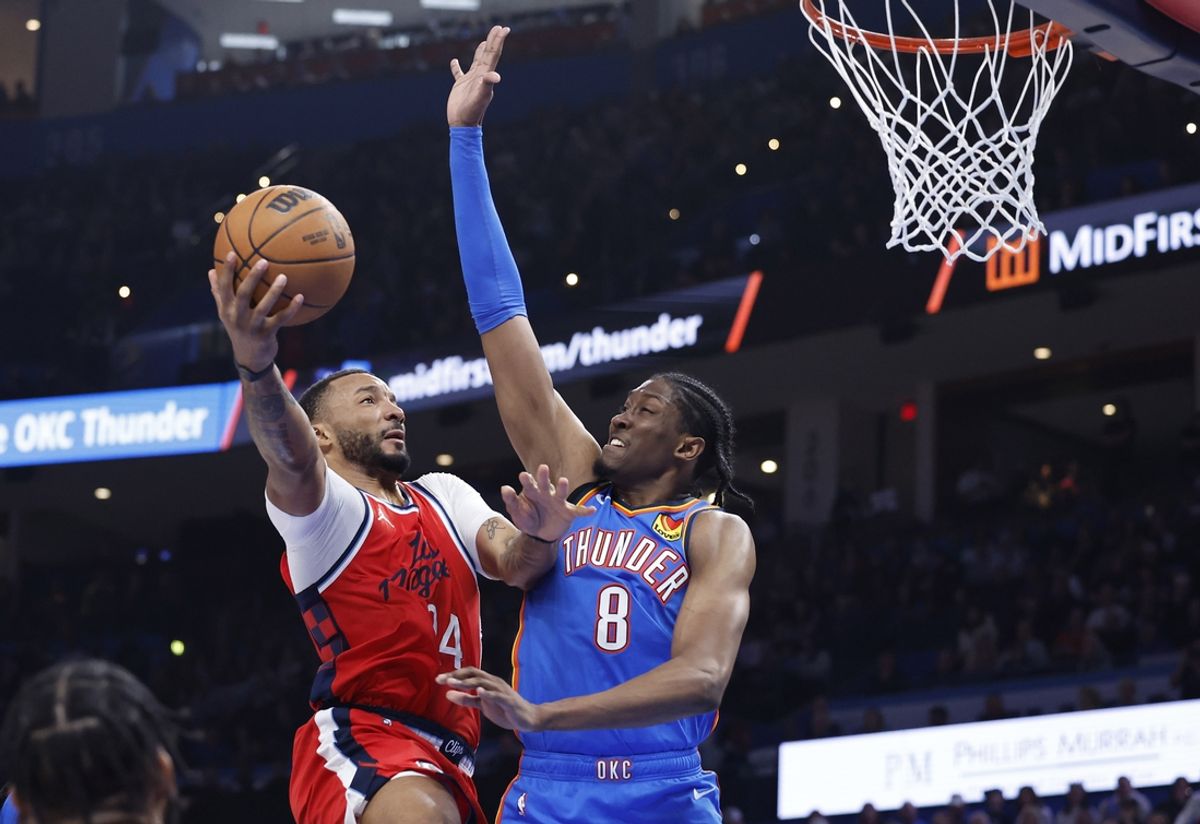 Jan 2, 2025; Oklahoma City, Oklahoma, USA; Los Angeles Clippers center Mo Bamba (4) shoots against Oklahoma City Thunder forward Jalen Williams (8) during the second half at Paycom Center. Mandatory Credit: Alonzo Adams-Imagn Images