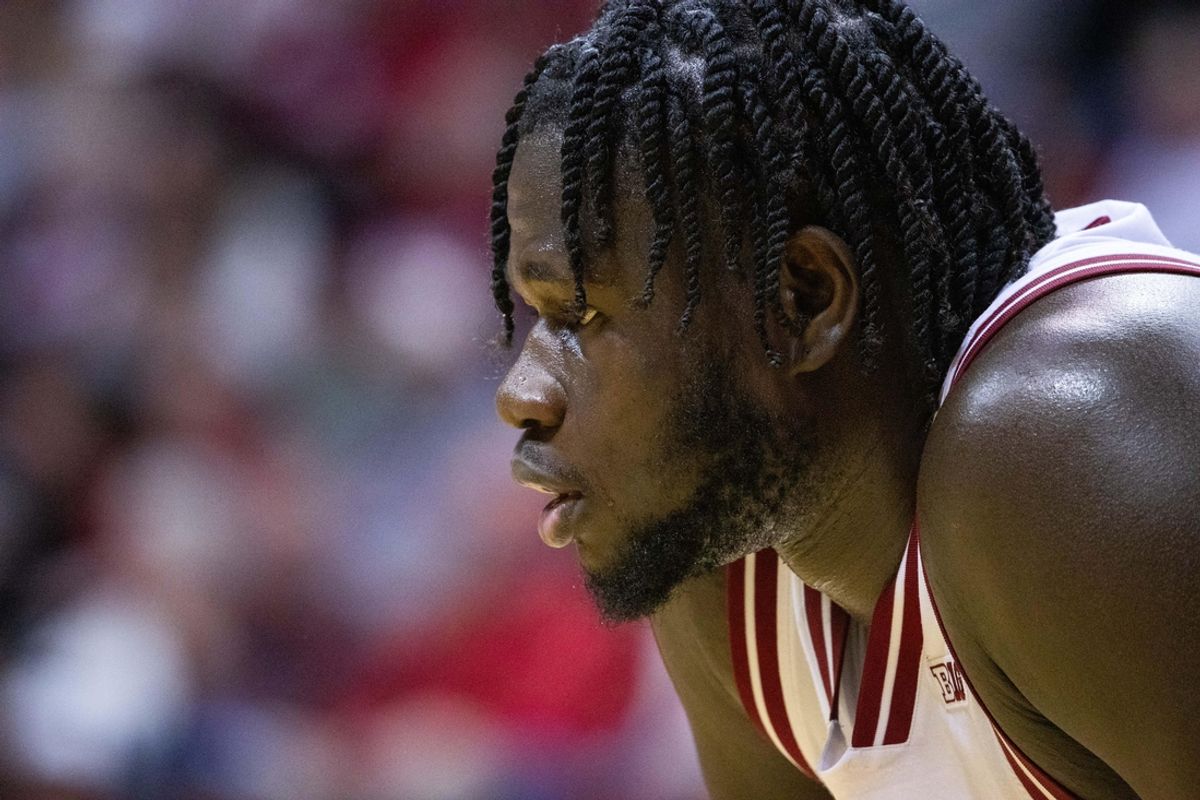 Jan 2, 2025; Bloomington, Indiana, USA; Indiana Hoosiers center Oumar Ballo (11) in the second half against the Rutgers Scarlet Knights at Simon Skjodt Assembly Hall. Mandatory Credit: Trevor Ruszkowski-Imagn Images