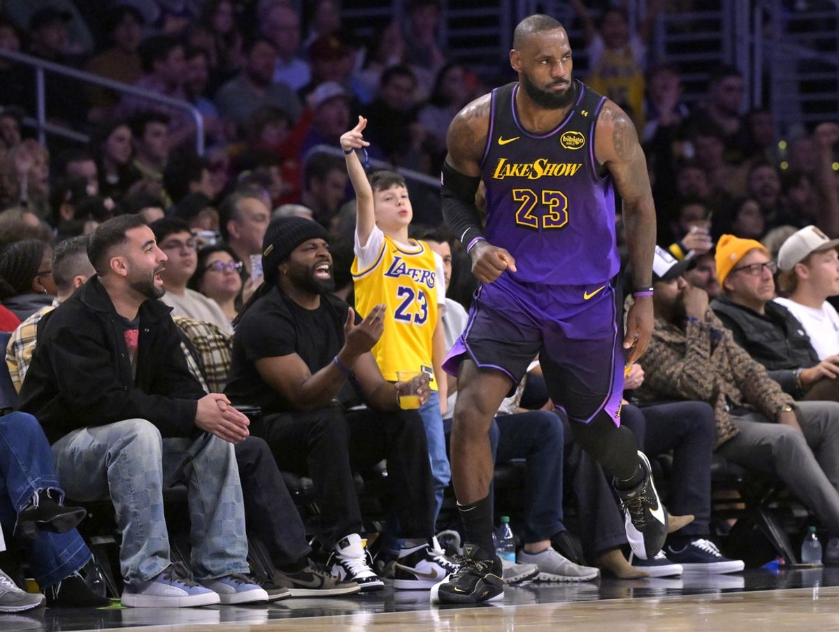 Jan 2, 2025; Los Angeles, California, USA; Los Angeles Lakers forward LeBron James (23) heads down court after a 3-point basket in the first half against the Portland Trail Blazers at Crypto.com Arena. Mandatory Credit: Jayne Kamin-Oncea-Imagn Images