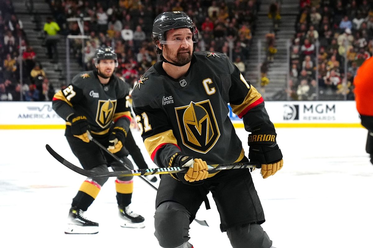 Jan 2, 2025; Las Vegas, Nevada, USA; Vegas Golden Knights right wing Mark Stone (61) skates against the Philadelphia Flyers during the second period at T-Mobile Arena. Mandatory Credit: Stephen R. Sylvanie-Imagn Images