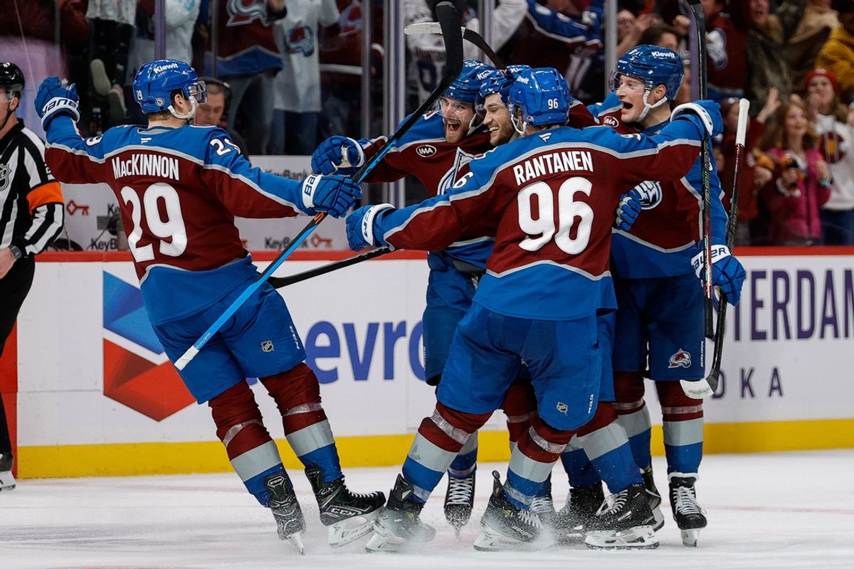 Jan 2, 2025; Denver, Colorado, USA; Colorado Avalanche defenseman Devon Toews (7) and left wing Jonathan Drouin (27) and defenseman Cale Makar (8) and right wing Mikko Rantanen (96) and center Nathan MacKinnon (29) celebrate after the game against the Buffalo Sabres at Ball Arena. Mandatory Credit: Isaiah J. Downing-Imagn Images
