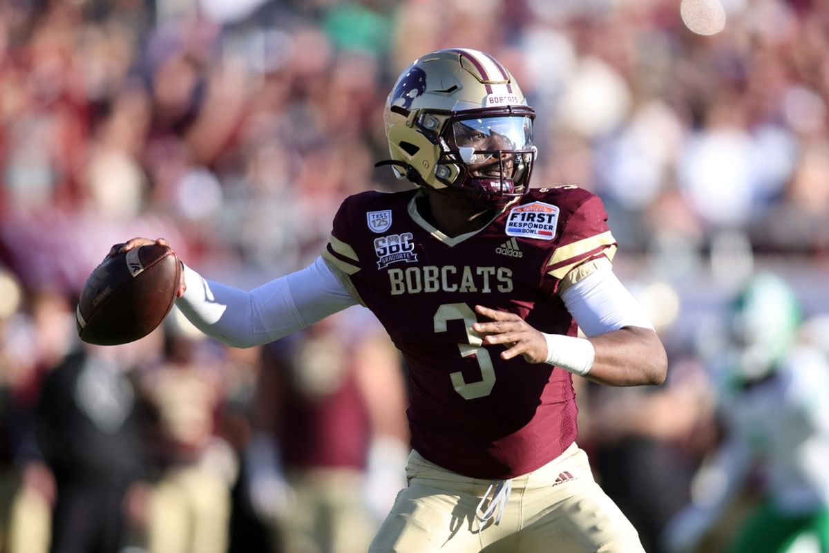 Jan 3, 2025; Dallas, TX, USA; Texas State Bobcats quarterback Jordan McCloud (3) throws a pass against the North Texas Mean Green during the first quarter at Gerald J. Ford Stadium. Mandatory Credit: Tim Heitman-Imagn Images