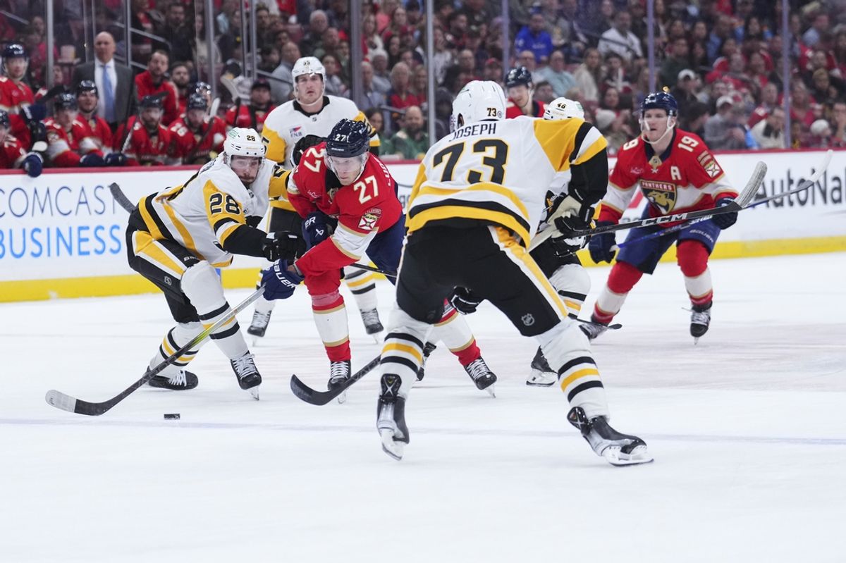Jan 3, 2025; Sunrise, Florida, USA; Florida Panthers center Eetu Luostarinen (27) skates the puck up the ice against Pittsburgh Penguins defenseman Marcus Pettersson (28) during the first period at Amerant Bank Arena. Mandatory Credit: Rich Storry-Imagn Images