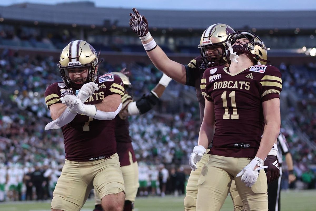 Jan 3, 2025; Dallas, TX, USA; Texas State Bobcats running back Lincoln Pare (7)  celebrates after scoring a touchdown against the North Texas Mean Green during the third quarter at Gerald J. Ford Stadium. Mandatory Credit: Tim Heitman-Imagn Images
