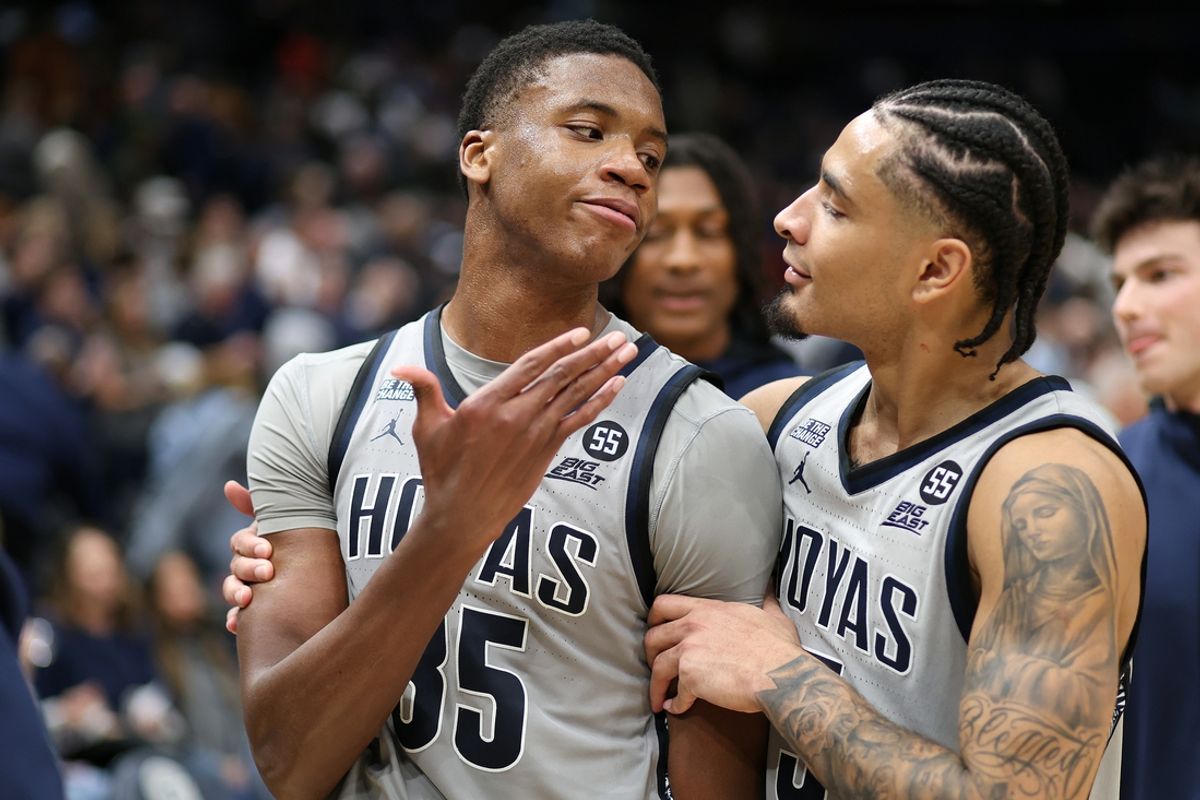 Jan 3, 2025; Washington, District of Columbia, USA; Georgetown Hoyas forward Thomas Sorber (35) celebrates with guard Micah Peavy (5) after a game against the Xavier Musketeers at Capital One Arena. Mandatory Credit: Daniel Kucin Jr.-Imagn Images