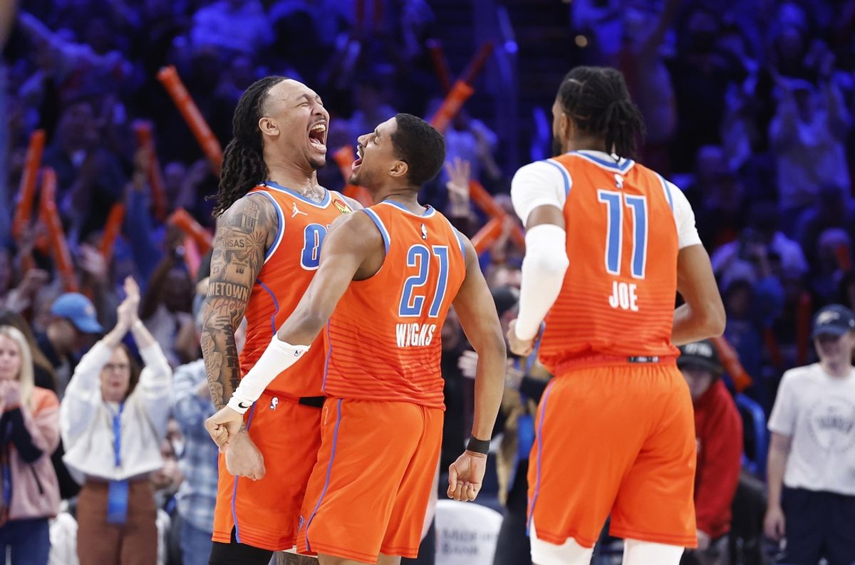 Jan 3, 2025; Oklahoma City, Oklahoma, USA; Oklahoma City Thunder forward Jaylin Williams (6) and guard Aaron Wiggins (21) celebrate after scoring against the New York Knicks during the second half at Paycom Center. Mandatory Credit: Alonzo Adams-Imagn Images