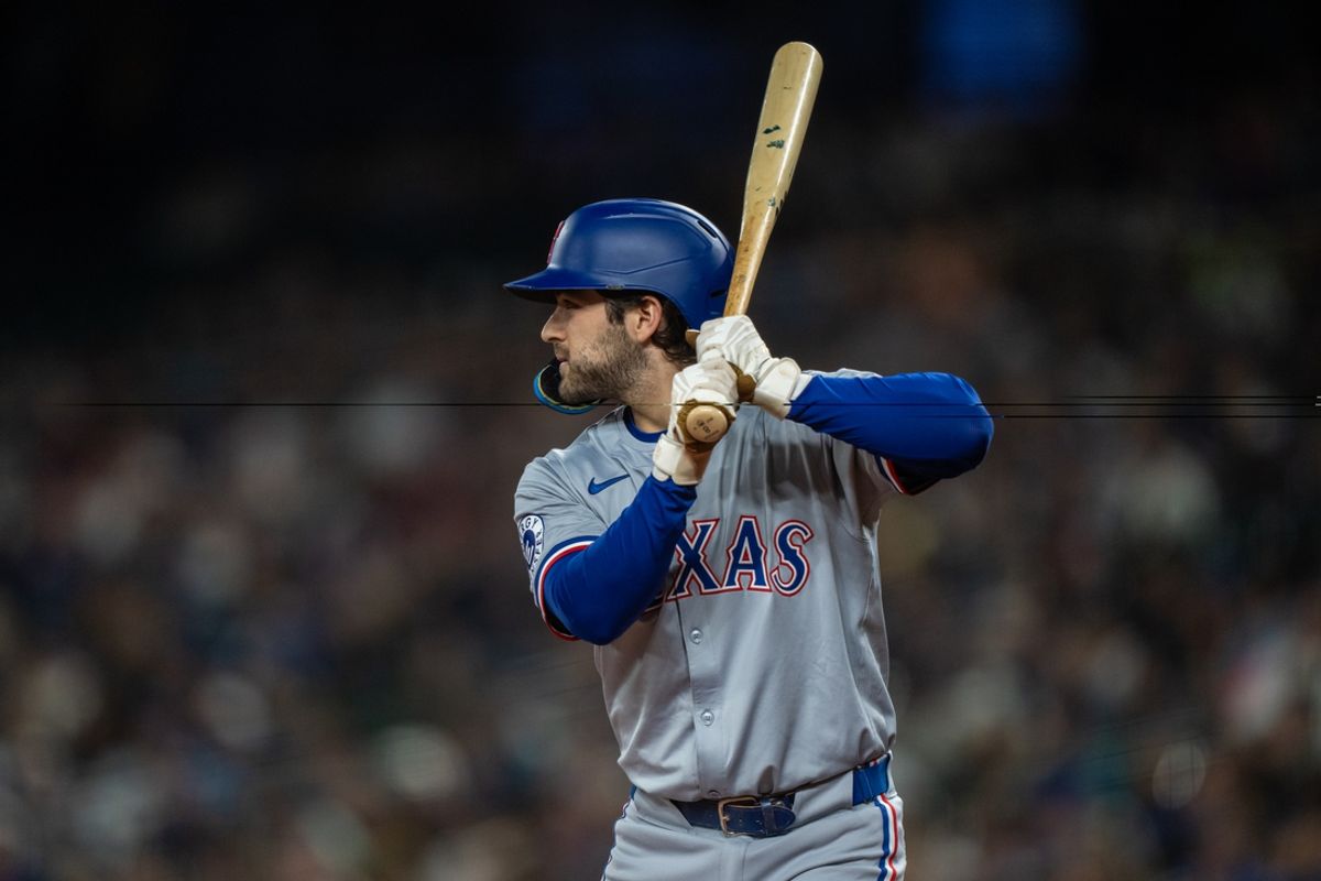 Sep 13, 2024; Seattle, Washington, USA;  Texas Rangers shortstop Josh Smith (8) waits for a pitch during an at-bat against the Seattle Mariners at T-Mobile Park. Mandatory Credit: Stephen Brashear-Imagn Images