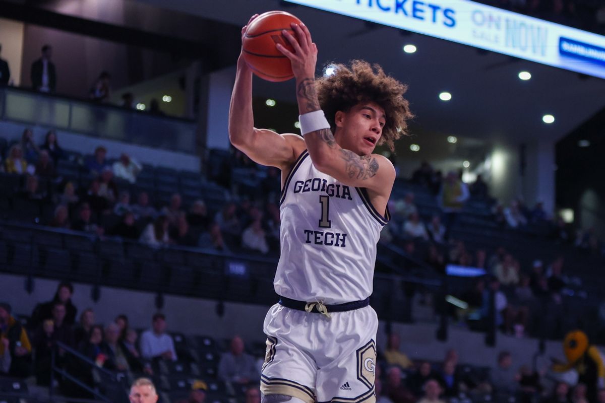 Jan 4, 2025; Atlanta, Georgia, USA; Georgia Tech Yellow Jackets guard Naithan George (1) grabs a rebound against the Boston College Eagles in the first half at McCamish Pavilion. Mandatory Credit: Brett Davis-Imagn Images