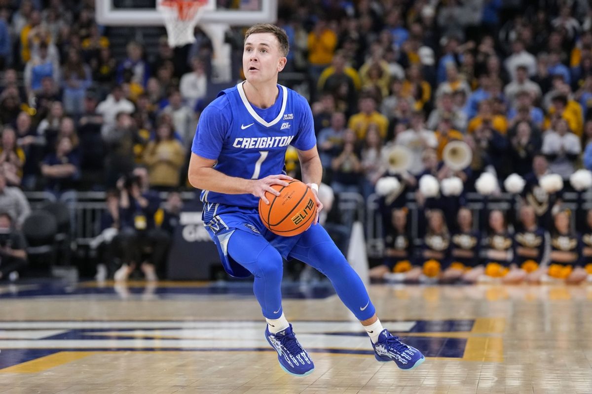 Jan 3, 2025; Milwaukee, Wisconsin, USA;  Creighton Bluejays guard Steven Ashworth (1) during the game against the Marquette Golden Eagles at Fiserv Forum. Mandatory Credit: Jeff Hanisch-Imagn Images