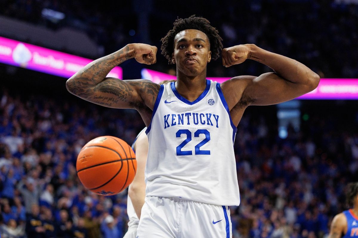 Jan 4, 2025; Lexington, Kentucky, USA; Kentucky Wildcats center Amari Williams (22) celebrates after making a basket during the second half against the Florida Gators at Rupp Arena at Central Bank Center. Mandatory Credit: Jordan Prather-Imagn Images