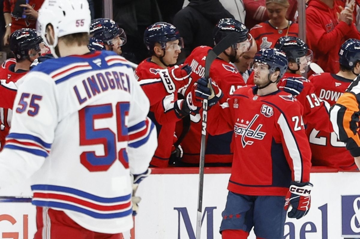 Jan 4, 2025; Washington, District of Columbia, USA; Washington Capitals center Connor McMichael (24) celebrates with teammates after scoring a goal against the New York Rangers in the second period at Capital One Arena. Mandatory Credit: Geoff Burke-Imagn Images