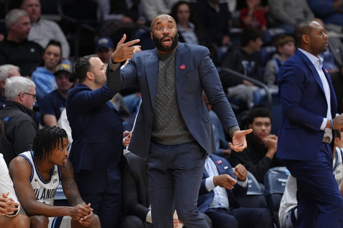 Jan 4, 2025; Villanova, Pennsylvania, USA; Villanova Wildcats head coach Kyle Neptune reacts against the DePaul Blue Demons in the second half at William B. Finneran Pavilion. Mandatory Credit: Kyle Ross-Imagn Images