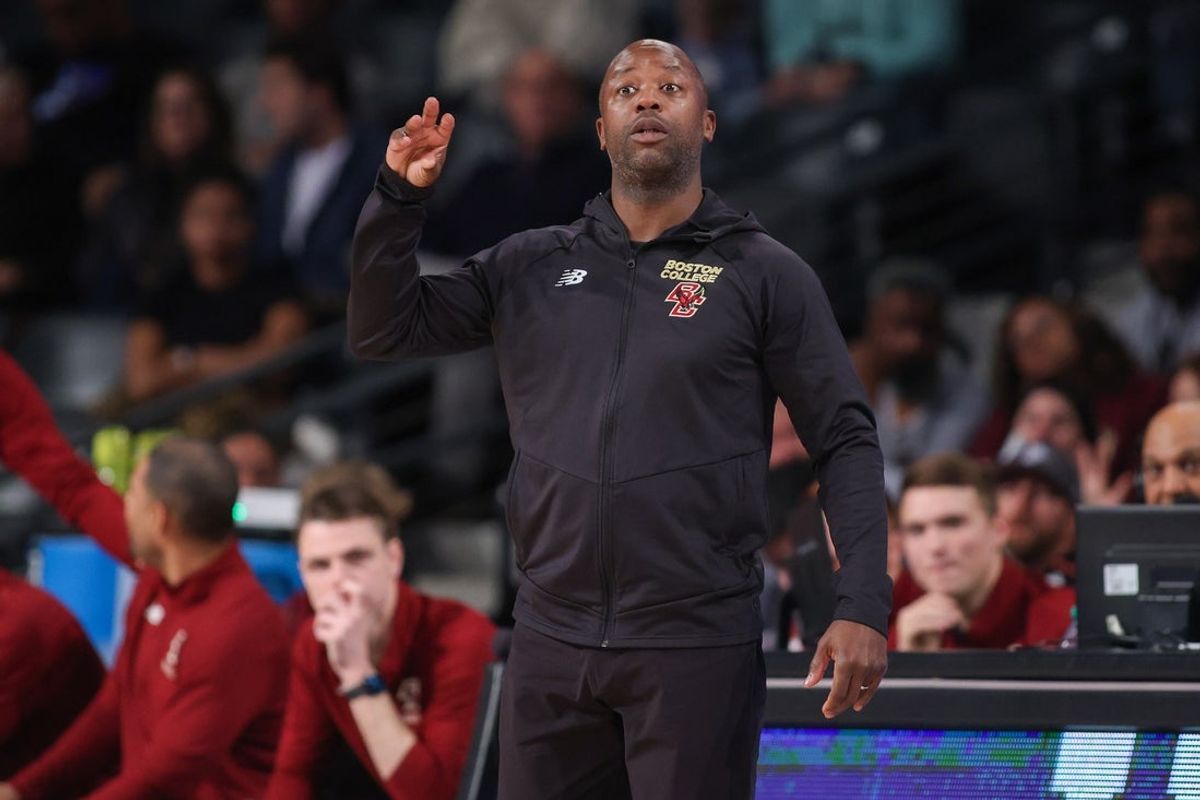 Jan 4, 2025; Atlanta, Georgia, USA; Boston College Eagles head coach Earl Grant talks to a player against the Georgia Tech Yellow Jackets in the second half at McCamish Pavilion. Mandatory Credit: Brett Davis-Imagn Images