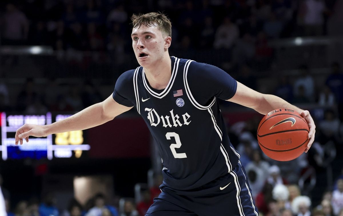 Jan 4, 2025; Dallas, Texas, USA;  Duke Blue Devils guard Cooper Flagg (2) controls the ball during the first half against the Southern Methodist Mustangs at Moody Coliseum. Mandatory Credit: Kevin Jairaj-Imagn Images