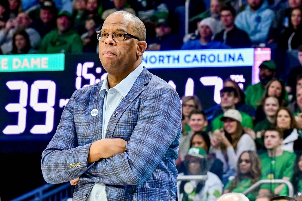 Jan 4, 2025; South Bend, Indiana, USA; North Carolina Tar Heels head coach Hubert Davis watches in the second half against the Notre Dame Fighting Irish at the Purcell Pavilion. Mandatory Credit: Matt Cashore-Imagn Images