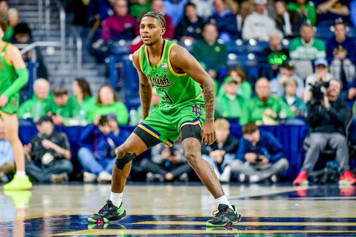 Jan 4, 2025; South Bend, Indiana, USA; Notre Dame Fighting Irish guard Markus Burton (3) enters the game in the first half against the North Carolina Tar Heels at the Purcell Pavilion. Mandatory Credit: Matt Cashore-Imagn Images