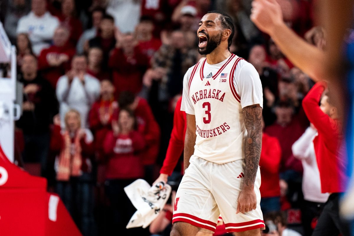 Jan 4, 2025; Lincoln, Nebraska, USA; Nebraska Cornhuskers guard Brice Williams (3) reacts after a basket against the UCLA Bruins during the second half at Pinnacle Bank Arena. Mandatory Credit: Dylan Widger-Imagn Images
