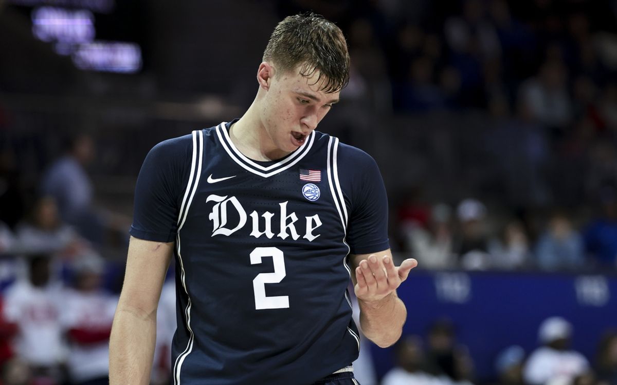 Jan 4, 2025; Dallas, Texas, USA;  Duke Blue Devils guard Cooper Flagg (2) reacts during the second half against the Southern Methodist Mustangs at Moody Coliseum. Mandatory Credit: Kevin Jairaj-Imagn Images