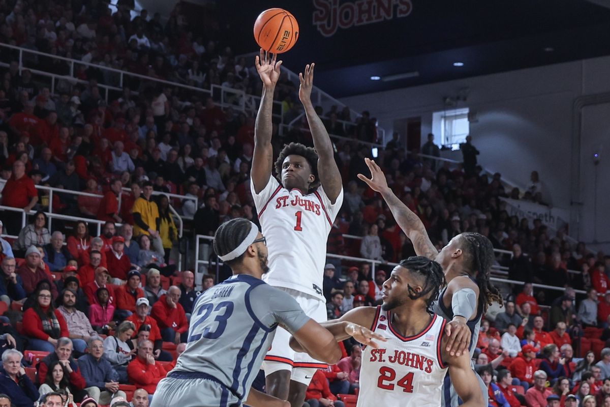 Jan 4, 2025; Queens, New York, USA;  St. John's Red Storm guard Kadary Richmond (1) takes a jump shot in the second half against the Butler Bulldogs at Carnesecca Arena. Mandatory Credit: Wendell Cruz-Imagn Images
