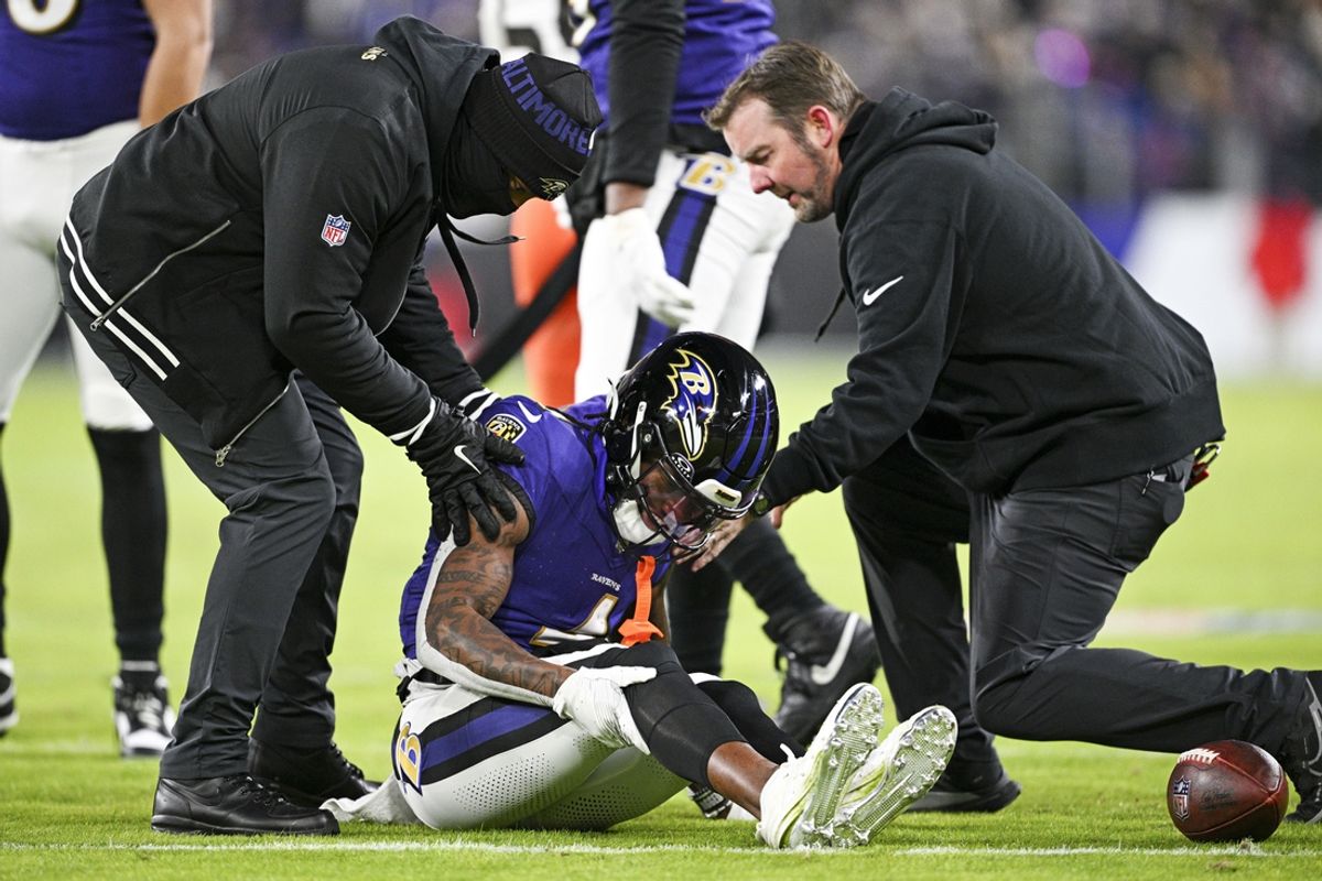 Jan 4, 2025; Baltimore, Maryland, USA; Baltimore Ravens wide receiver Zay Flowers (4) reacts after a tackle during the first quarter against the Cleveland Browns at M&T Bank Stadium. Mandatory Credit: Tommy Gilligan-Imagn Images