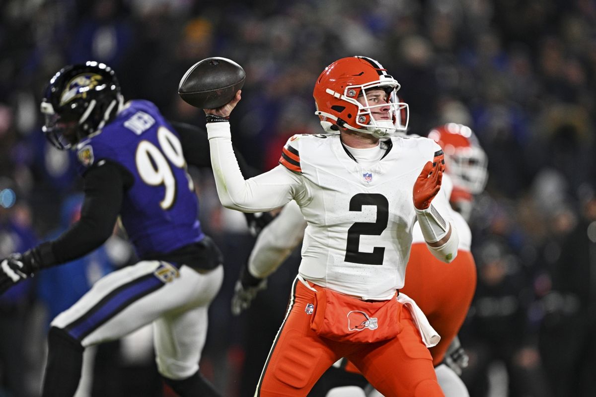 Jan 4, 2025; Baltimore, Maryland, USA; Cleveland Browns quarterback Bailey Zappe (2) makes a pass during the third quarter against the Baltimore Ravens at M&T Bank Stadium. Mandatory Credit: Tommy Gilligan-Imagn Images