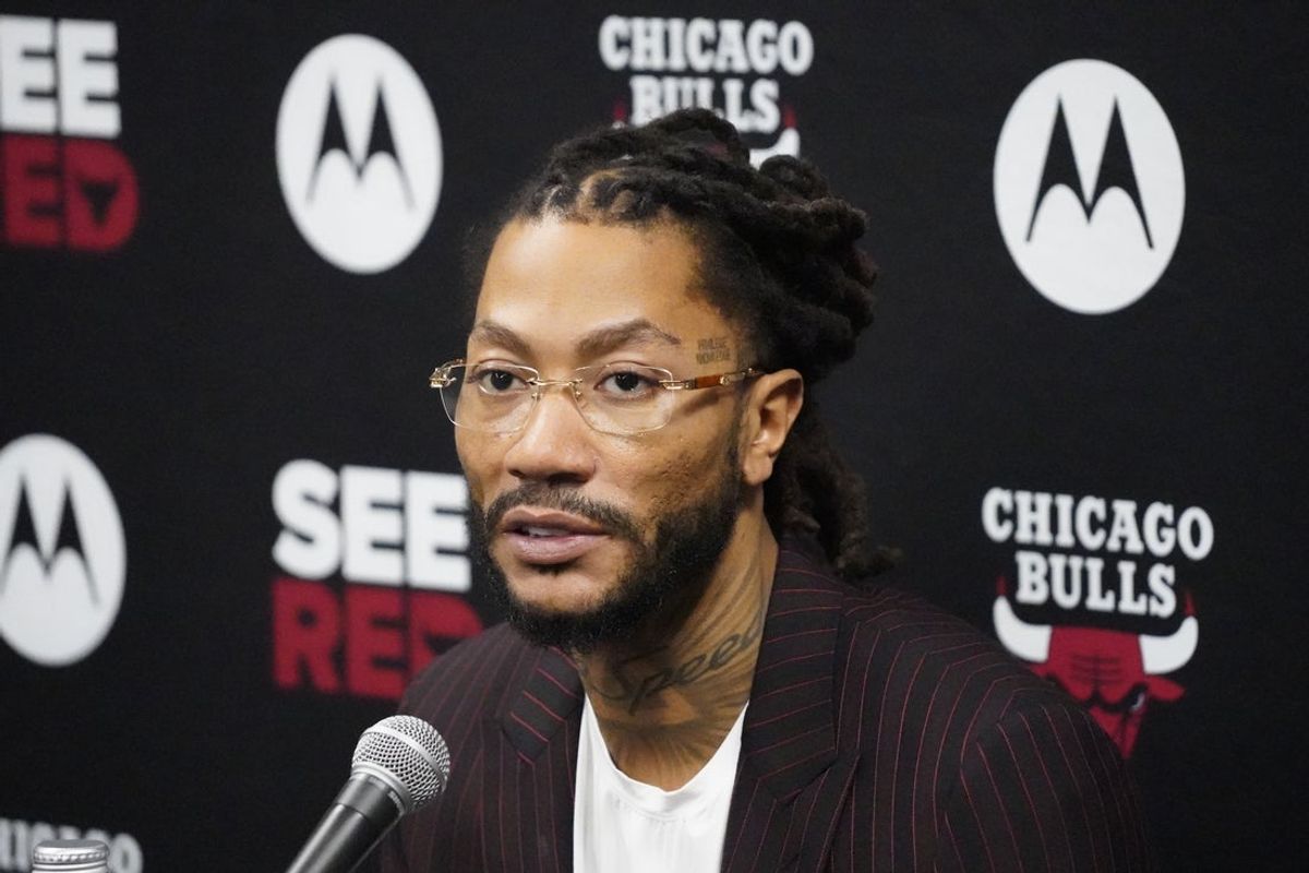 Jan 4, 2025; Chicago, Illinois, USA; Chicago Bulls and New York Knicks former player Derrick Rose speaks during a press conference answers questions. Rose will be honored at halftime in a game between the Chicago Bulls and the New York Knicks at United Center. Mandatory Credit: David Banks-Imagn Images