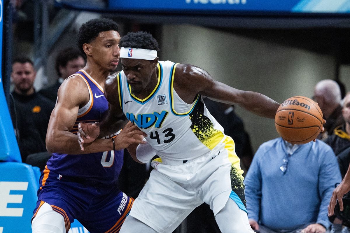 Jan 4, 2025; Indianapolis, Indiana, USA; Indiana Pacers forward Pascal Siakam (43) dribbles the ball against Phoenix Suns forward Ryan Dunn (0) in the first half at Gainbridge Fieldhouse. Mandatory Credit: Trevor Ruszkowski-Imagn Images