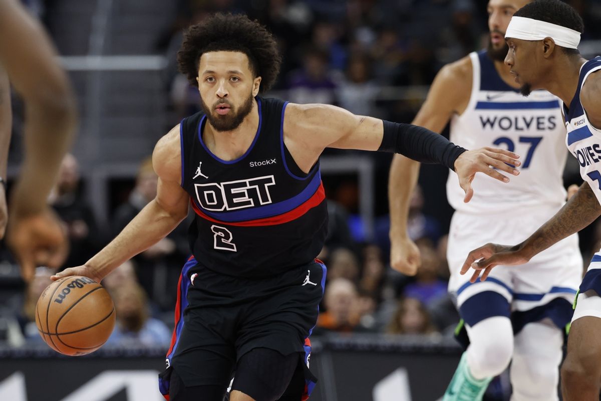 Jan 4, 2025; Detroit, Michigan, USA;  Detroit Pistons guard Cade Cunningham (2) dribbles in the first half against the Minnesota Timberwolves at Little Caesars Arena. Mandatory Credit: Rick Osentoski-Imagn Images