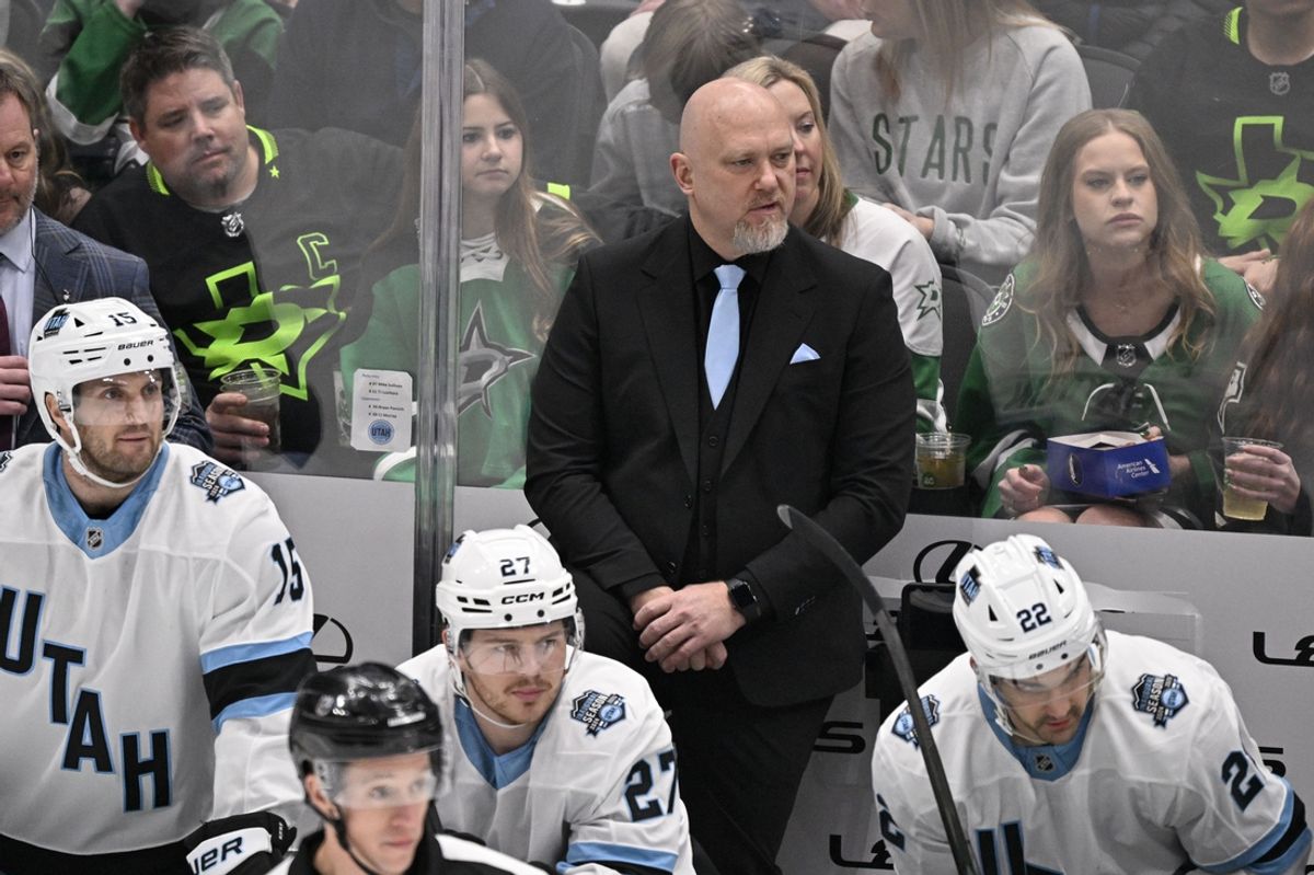 Jan 4, 2025; Dallas, Texas, USA; Utah Hockey Club head coach Andre Tourigny looks on from the team bench during the first period against the Dallas Stars at the American Airlines Center. Mandatory Credit: Jerome Miron-Imagn Images
