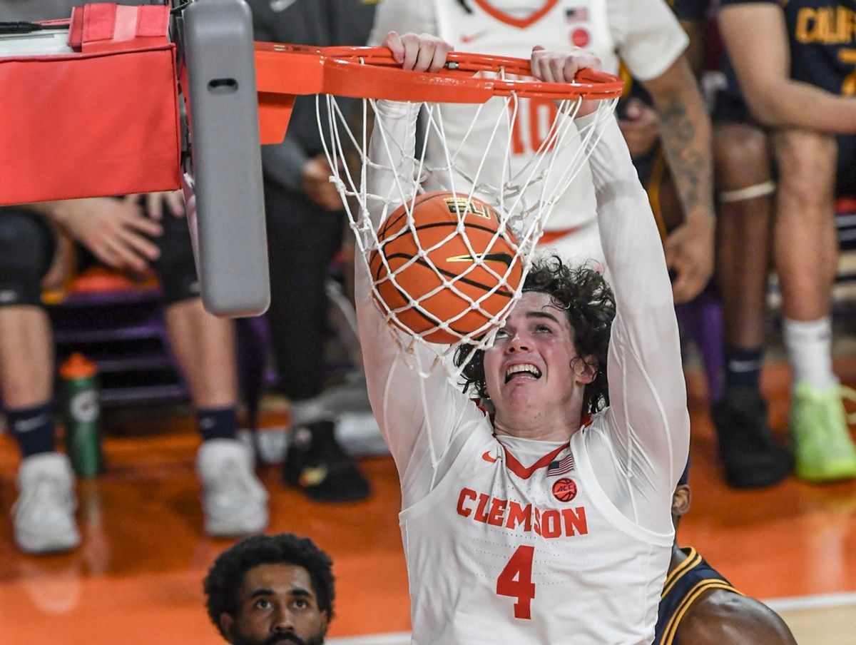 Clemson senior forward Ian Schieffelin (4) dunks against University of California during the first half at Littlejohn Coliseum Saturday, Jan 4, 2024 in Clemson, S.C.