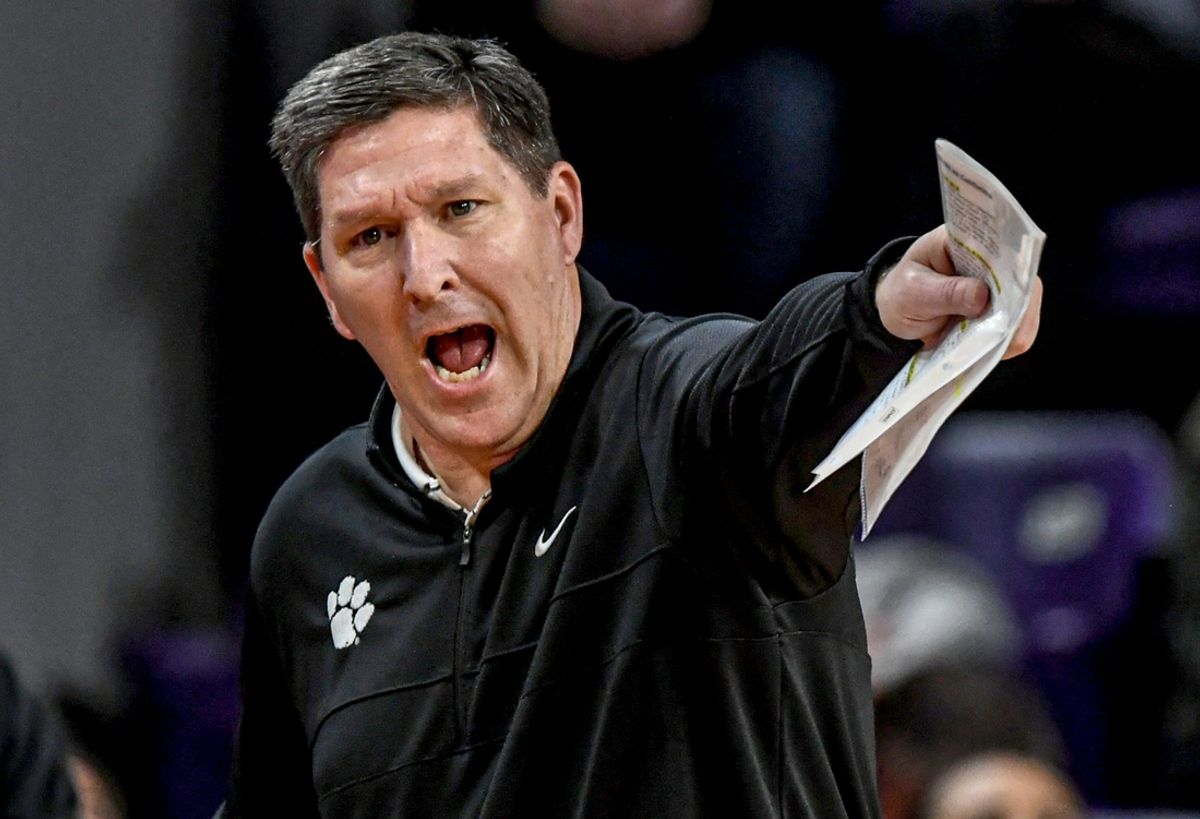 Clemson Head Coach Brad Brownell communicates with players in the game with University of California during the first half at Littlejohn Coliseum Saturday, Jan 4, 2024 in Clemson, S.C.