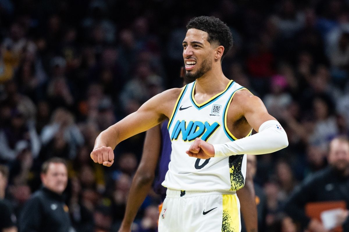 Jan 4, 2025; Indianapolis, Indiana, USA;  Indiana Pacers guard Tyrese Haliburton (0) celebrates after a basket against the Phoenix Suns in the second half at Gainbridge Fieldhouse. Mandatory Credit: Trevor Ruszkowski-Imagn Images