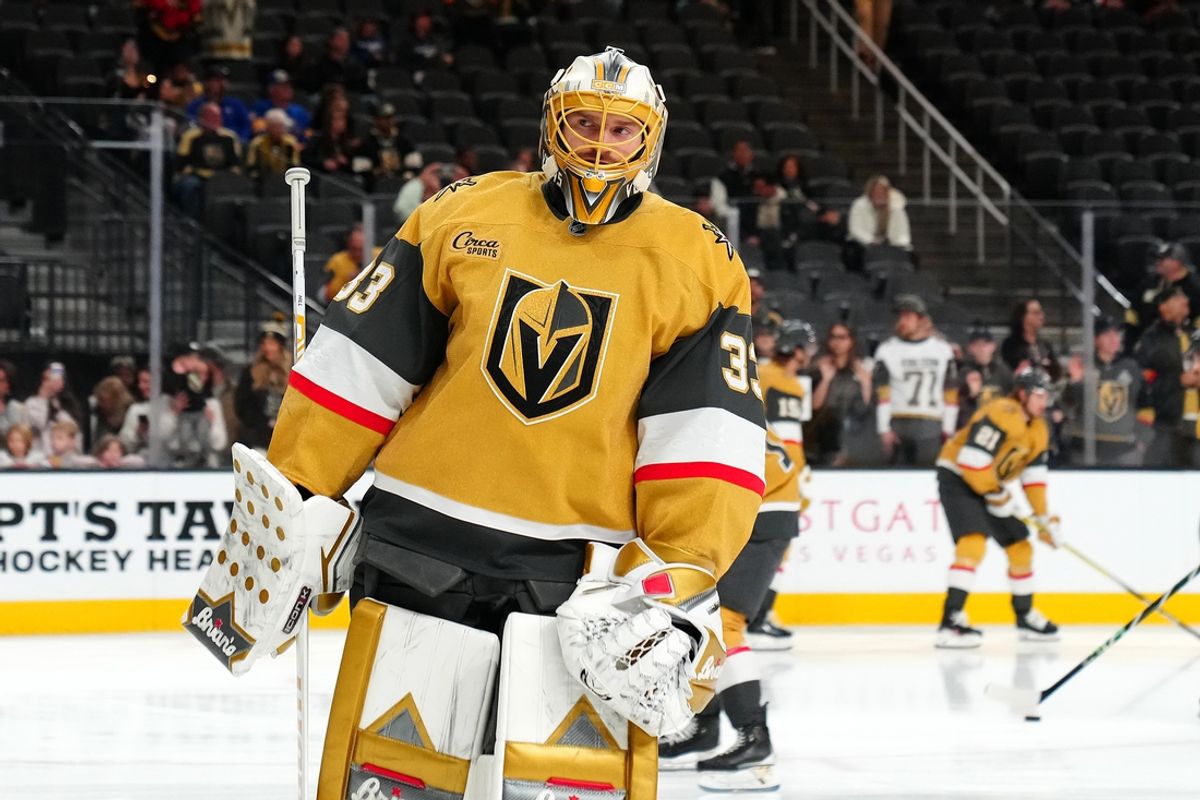 Jan 4, 2025; Las Vegas, Nevada, USA; Vegas Golden Knights goaltender Adin Hill (33) warms up before a game against the Buffalo Sabres at T-Mobile Arena. Mandatory Credit: Stephen R. Sylvanie-Imagn Images