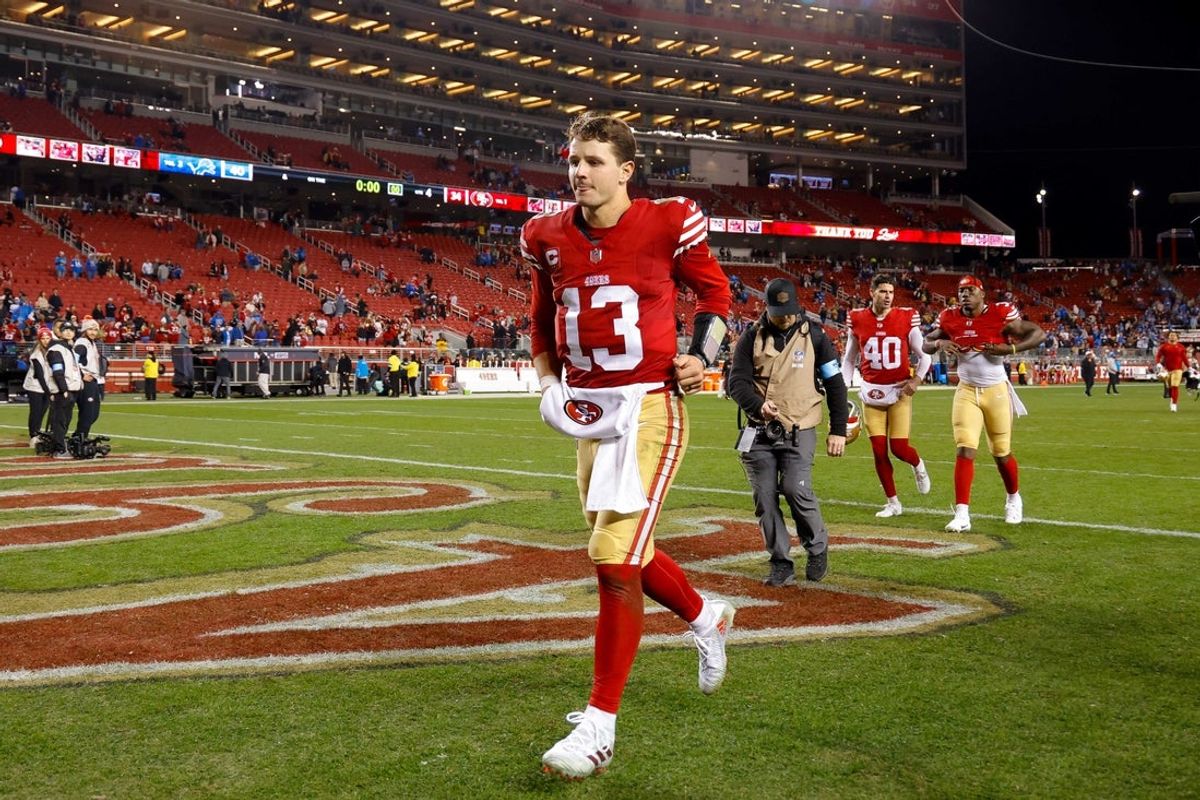 Dec 30, 2024; Santa Clara, California, USA; San Francisco 49ers quarterback Brock Purdy (13) during the game against the Detroit Lions at Levi's Stadium. Mandatory Credit: Sergio Estrada-Imagn Images